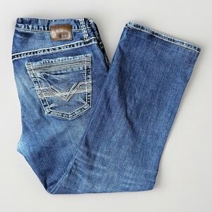 Buckle BKE Derek Jeans Mens 36R Blue Denim Relaxed Bootcut Whiskered Distressed